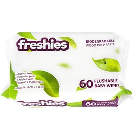 Freshies Flushable Baby Wipes - 7" x 5" (Pack of 60) - Ideal for Babies & Toddlers