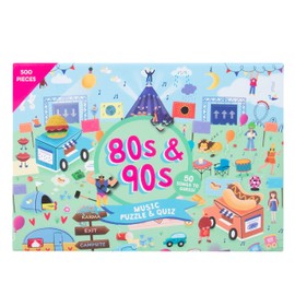 80s & 90s Song Title Music Puzzle & Quiz. 500 Piece Jigsaw Puzzle with 50 Hidden Song Titles. Quiz Sheet & Answers Included. Recall Music Icons with this 2-in-1 Puzzle & Quiz.