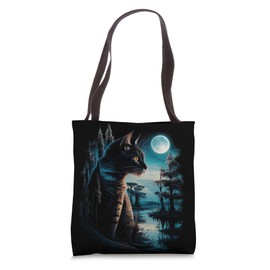 Black Cat Silhouette Moonlight T-Shirt - Moody Cat Art Tote Bag
