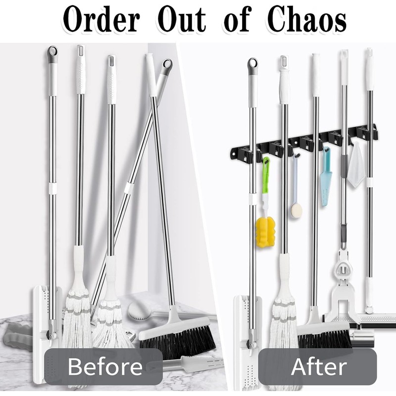 Black 5 Racks and 4 Hooks Mop and Broom Holder