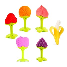 Mordederas para Bebé 6 Pack  6 Juguetes de Dentición de Silicona Suave con Formas de Uvas, Banana, Naranja, Fresa, y Frutas Mordedera Sensorial para  