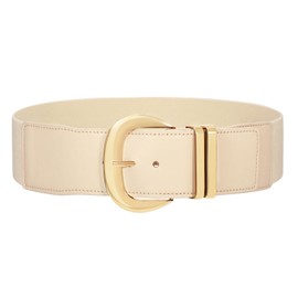 WHIPPY Women Wide Elastic Waist Belt for Dresses Fashion Gold Buckle Stretchy Leather Waistband for Ladies, Beige, Fits Waist 24"-28"