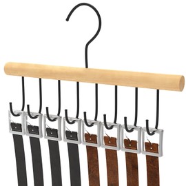 SUNTRADE 8 Hooks Belt Hanger for Closet, Wood Tie Rack Hanging Holder 360° Rotating Closet Storage Organizer Space Saving for Tie, Tank Top, Scarf, Necklace (Beige)