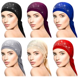 6 Packs Rhinestone Head Scarf Stretchy Head Wrap Women Bandana Beanie Pre Tied Durag Turban Cap Skull Cap Headbands(Bright Colors)