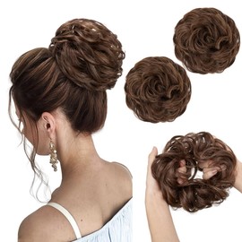 SARLA 2PCS Messy Hair Bun Hair Pieces Wavy Curly Synthetic Updo Fake Scrunchies Ponytail Extension for Women Chocolate Multi