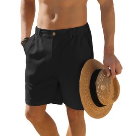 JEMLDL Men's Shorts Casual 7" Cotton Linen Button Elastic Waist Summer Beach Vacation Shorts with Multi-Pocket US 42 3X-Large Black