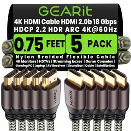 GearIT - Cable HDMI 4K de alta velocidad, HDMI 2.0b, 4K 60 Hz, 3D, ARC, HDCP 2.2, HDR, 18Gbps - Cable trenzado de nailon (5 unidades / 0.22 m)