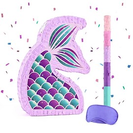 Mermaid Pinata - Mermaid Party Supplies Pinata Bundle with Blindfold and Bat for Girls Kids Ocean Theme Birthday Party Game Carnival Activity Decorations (15.7" x 12.2" x 3.1")