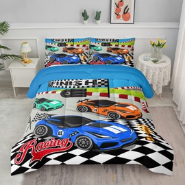 Axolotl Racing Car Bedding Set Queen,Cool Speed Race Car Down Comforter for Kids Boys Girls Teens,Racing Car Comforter Set Car Theme with Three Cars Arrive at Finish,1 Comforter and 2 Pillowcases