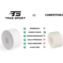 TAKE Sport®, Tape Sportivo, Nastro fasciature, Nastro Sportivo, Sport Tape. 6 rotoli 3,8 x 10m, 100% Cotone, Bordo Zig Zag, Non Elastico. Bianco (6)