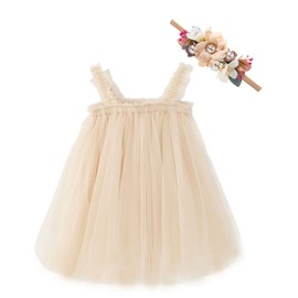 Bow Dream Baby Girls Toddler Tutu Dress Infant Tulle Dress Party Princess Dress with Flower Headband Ivory 6-12 Months