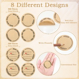 600 Pcs Canning Labels 2" Label Stickers for Jars, 8 Design Wreath Homemade with Love Stickers, Round Kraft Sticker Labels for Food Containers Lids Bottle Labels