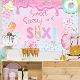 Donut 6th Birthday Banner Backdrop Sweet Sassy and Six Birthday Decorations 6 Year Old Girl Birthday Decor Candy Ice Cream Photography Background for Girls Donut 6th Birthday Party Supplies 5x3ft