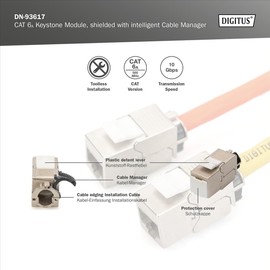 DIGITUS Keystone Module Cat-6A Shielded - Pack of 1 - RJ45 Socket - 500 MHz 10GBase-T - AWG 26-22 - Designable - With Locking Lever - Tool-Free Installation
