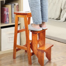 BETTARY 3-Step Folding Wooden Step Stool, Portable Anti-Slip Step Ladder, Foldable Wood Counter Staircase, Multifunctional Flower Shelf & Chair for Kitchen/Garage/Living Room/Library (Coffee)