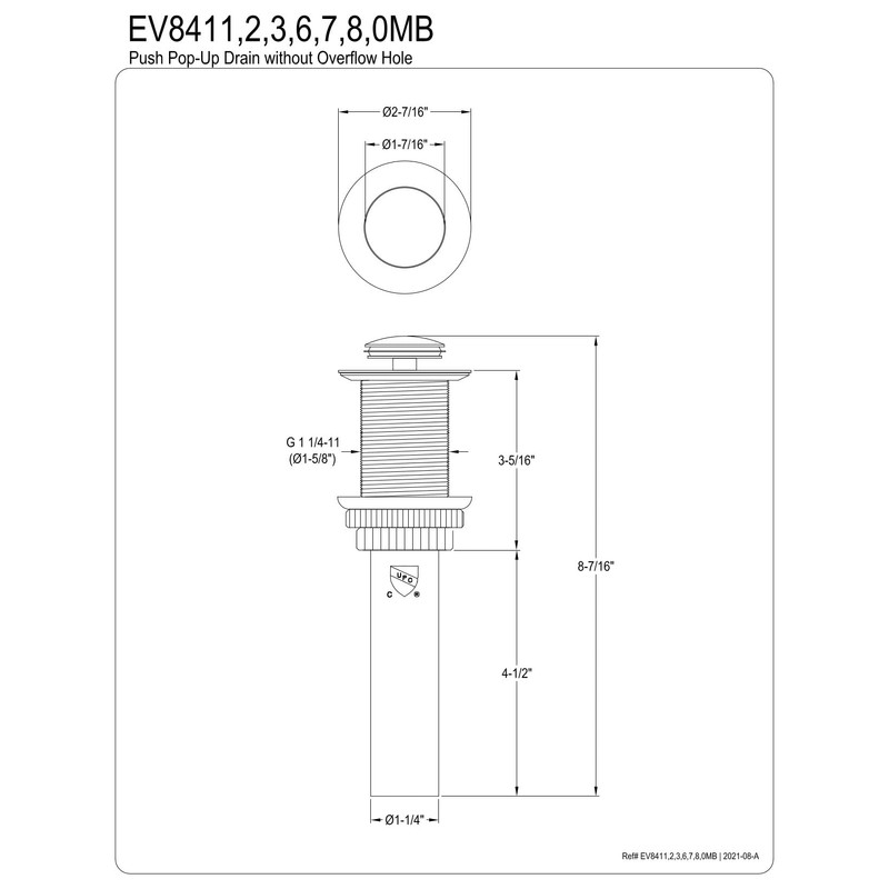 Kingston Brass EV8417 Coronet Push Pop-Up Bathroom Sink Drain Without