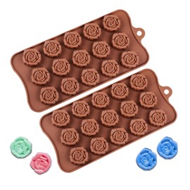 2 pcs Rose Silicone Molds, 15-Cavity Mini Flower Shape Silicone Molds, Non-Stick Silicone Rose Chocolate Candy Baking Molds for Cookie Ice Cubes Gummy Making
