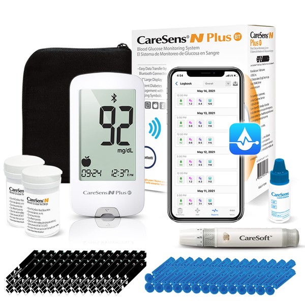 CareSens N Plus Bluetooth Blood Glucose Monitor Kit with 100 Blood Sugar Test Strips, 100 Lancets, 1 Blood Glucose Meter, 1 Lancing Device, Travel Case for Diabetes Testing Kit (Auto-Coding Glucometer kit with 1 Control Solution)…