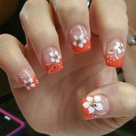 Short Shape Press on Nails Square Fake Nails Cute Flower False Nails Glossy Acrylic Nails Orange French Tips Stick on Nails with Design Full Cover Spring Glue on Nails for Women DlY Manicure 24pcs