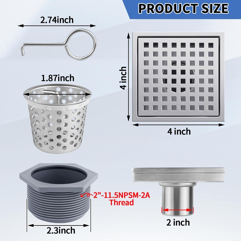 Boltigen Square Shower Drain, 304 Stainless Steel 4 inch Shower