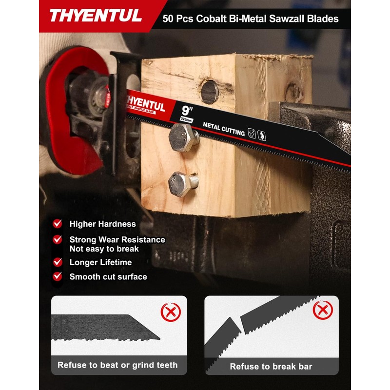 50 Pack,9 inch,14/18 TPI,Reciprocating Saw Blade Set,M42 Teeth with Cobalt