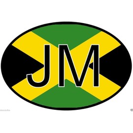 JM Jamaica Country Code Oval with Flag Sticker Bumper Sticker Laptop Sticker Toolbox Sticker Helmet Sticker