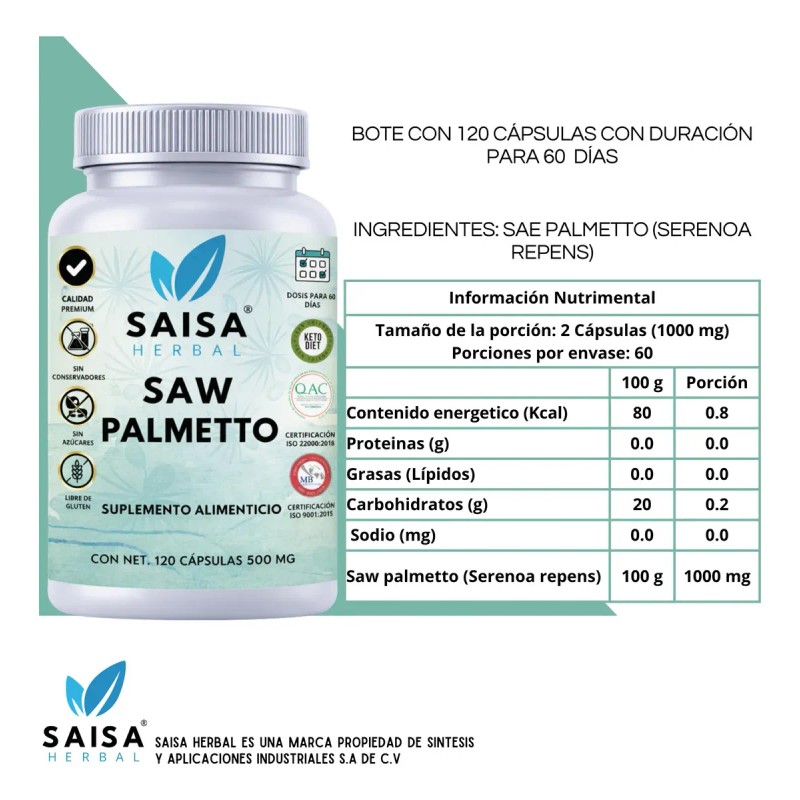 Saw Palmetto 120 Cápsulas Saisa Herbal Salud Prostática Apoyo Urinario