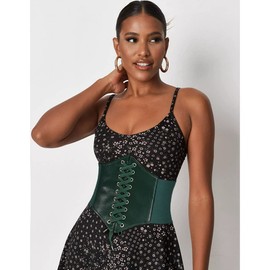 Glamorstar Corset Belt for Women Wide Elastic Tied Waspie Belts Lace-up Leather Waist Belts for Women Dresses 70cm Green