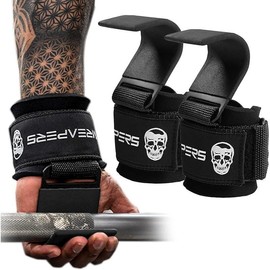 Gymreapere Weight Lifting Hooks (Pair), Heavy Duty Power Wrist Straps Hand Grip Support For Deadlifts, Pull Ups, Shrugs - Gym Gloves For Men and Women - Colour: Black