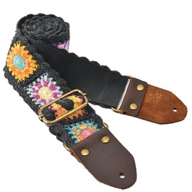 Guitar Strap, Crochet Flower Guitar Straps with Leather Ends for Acoustic, Bass, Electric Guitar,2 inch Wide(Crochet-black)