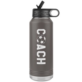 JFWcreations Soccer Coach Water Bottle - 32oz Insulated Engraved Stainless Steel Flip Top With Straw Soccer Coach Gift Pewter