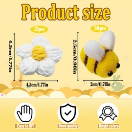 Pack of 42 Bee Decoration, Clothing Decorations, DIY Craft Decorations, Mini Decorative Felt Made of Combed Cotton Material, Clothing and Bags Decorating, (30 Small Bees + 12 Yellow Crochet Flowers)
