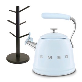 SMEG 50's Retro Style Whistling Kettle & divvi! Mug Tree Bundle - Pastel Blue