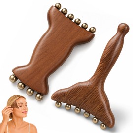 2Pcs Sandalwood Massager with Copper Beads, 2-in-1 Acupressure Roller and Rectangular Massage Tool for Lymphatic Drainage, Painless Gua Sha to Relieve Neck and Back Tension, Deep Fascia Relief