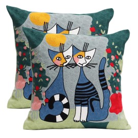 Pilmandu Pack of 2 Decorative Square Pillowcase Abstract Art Embroidered Throw Pillows Cover for Couch Farmhouse Patio Garden Sofa Chairs 18x18 Inch (Dating Cat)