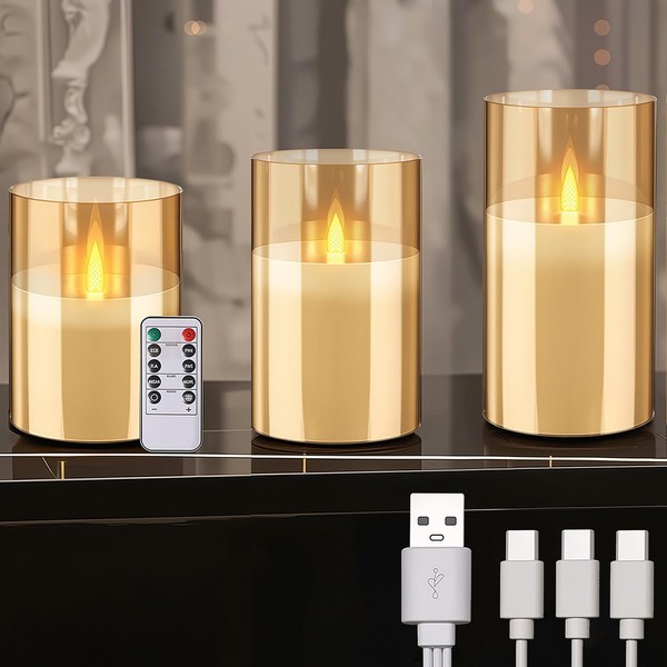 MOZC Remote Control Flameless Candles, Rechargeable Flickering LED Candles, Glass