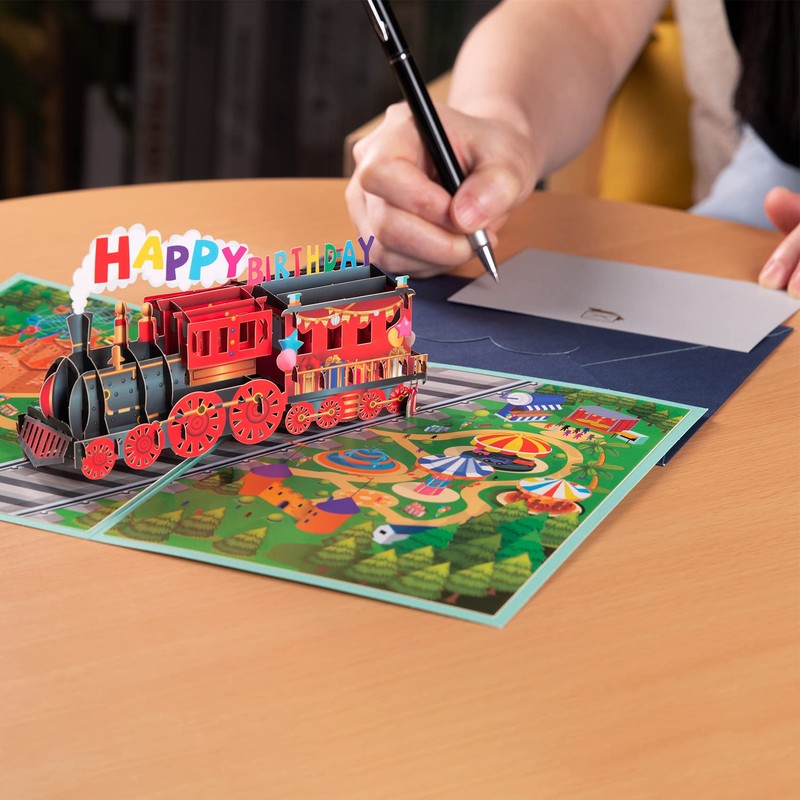 Magic Ants 子供のための3D漫画トレインバースデーカード、ポップアップバースデーカード、ハッピーバースデーグリーティングカード