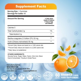 Probiotic Gummies with Prebiotics – 60 Orange Flavour Gummies – Bacillus Coagulans 2.5 Billion CFU & Inulin – Daily Gut Health & Immune Support for Kids Vegan, Non-GMO, Gluten Free (Orange)