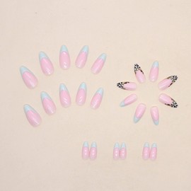 JUSTOTRY Pack of 24 Leopard Almond Nails for Sticking, Short, Pale Blue, French Artificial Nails, Nude Stiletto Artificial Nails, Press On Nails with Glue, Acrylic Fingernails, Fake Nails, Medium for