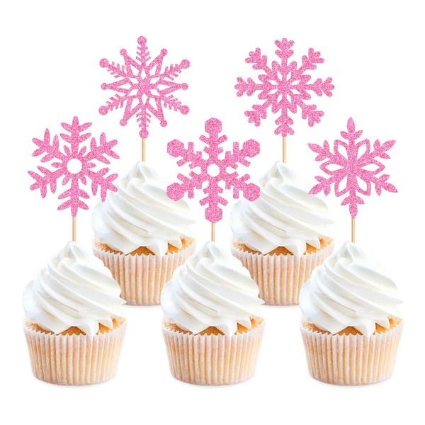 Ercadio - 25 piezas de adornos de copos de nieve con purpurina para cupcakes, copos de nieve, copos de nieve, decoraciones para tartas de bebé o baby shower, revelación de género, tema de invierno, Navidad, fiesta, decoración de pasteles
