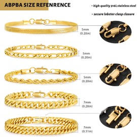 ABPBA 5 Pcs Stainless Steel Mens Chain Bracelet - Sturdy Curb Width Silver Rope Figaro Snake Cuban Link Chain Bracelet Set Stack Chain Bracelet for Men Women 6.5/7.5/8.3/9 Inches