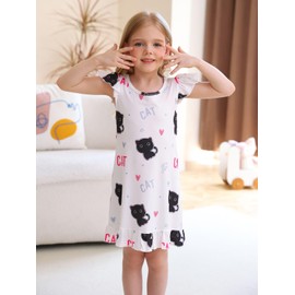 WonderBabe Nightgowns for Girls Summer Dress Toddler Cat Pajamas Flutter Short Sleeves Night Gowns for Kids Girls size 6-7t