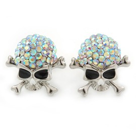 20mm L/AB Crystal Skull & Crossbones Stud Earrings/Silver Tone