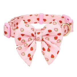 Ewinoom Bowtie Dog Collar Adjustable Soft Christmas Cotton Dog Collars in Cute Strawberry Pattern,for Small Medium Large Girl Dogs,Pink,L