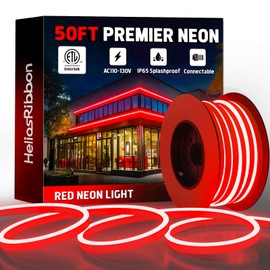 HeliosRibbon 50FT Red LED Neon Rope Lights, ETL Listed 110-120V Outdoor Flexible Neon Strip IP65 Waterproof, Connectable and Cuttable, for Bar Pub Home Commercial Festival Ambient Lighting Decor