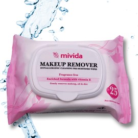 mivida Hypoallergenic Makeup Remover Wipes | Facial Cleansing Make up Remover Face Wipes with Vitamin E | Fragrance Free, Alcohol Free wipes | 25 Count