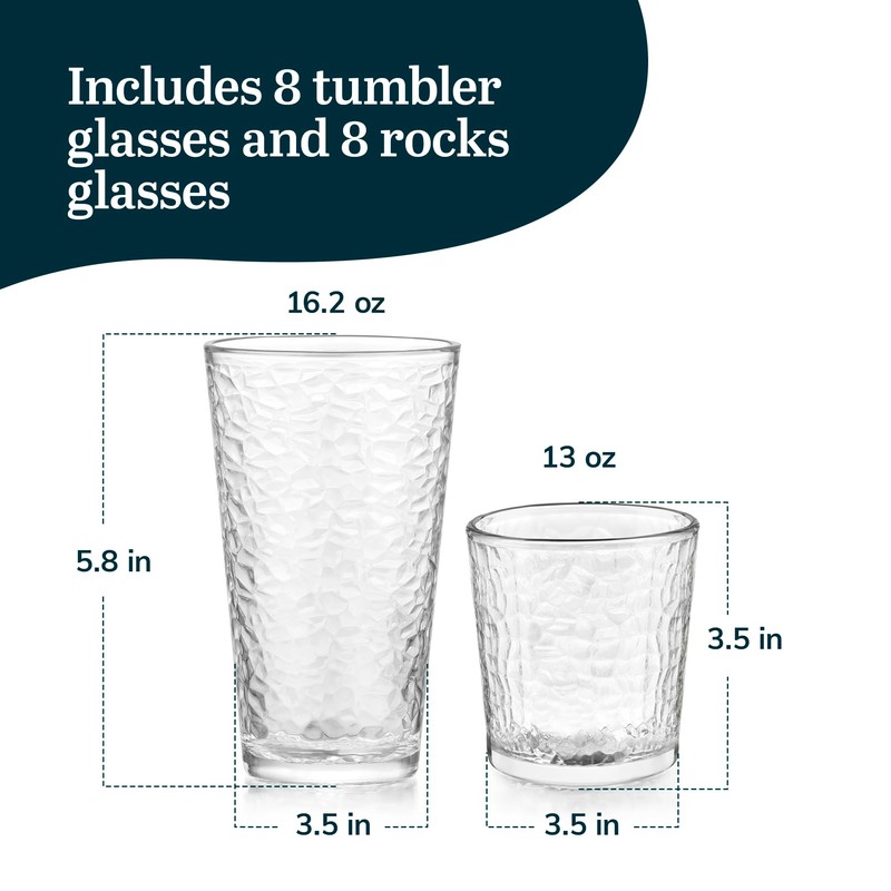 Libbey Yucatan Tumbler and Rock Drinking Glasses Set, Textured 16