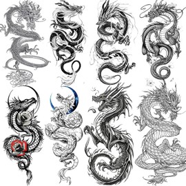 8 Sheets Dragon Temporary Tattoos For Men Women Adults, Black Realistic Dragon Tattoo Sticker Half Arm Sleeve, Waterproof Tribal Totem Fake Tattoos Halloween