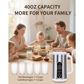 Cayga 40oz Nut Milk Maker Machine Stainless Steel Soy Milk Maker Homemade Almond, Oat, Juice, Coconut, Plant-Based and Non-Dairy Beverages with Self Clean, Boil Water, Delay Start, Keep Warm