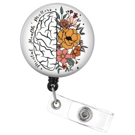 Retractable Badge Reel with Swivel Alligator Clip, Mental Health Matters Brain Floral Cute Nurse ID Badge Holder for RN Nursing Doctor Teacher